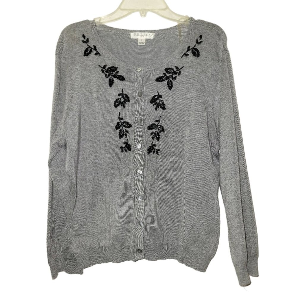 Outfit JPR Gray Beaded Floral Button Down Cardigan Grandma Sweater Size Large